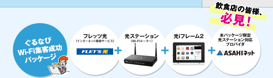 ぐるなびWiFi集客成功パッケージ | 「フレッツ光（インターネット接続サービス）」＋「光ステーション（Wi-Fiルーター）」＋「光iフレーム2」＋「本パッケージ限定光ステーション対応プロバイダ ASAHIネット」