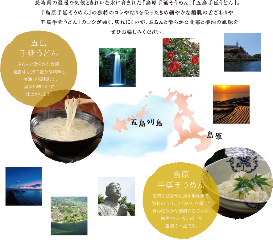 長崎県の温暖な気候ときれいな水に育まれた「島原手延そうめん」「五島手延うどん」。「島原手延そうめん」の独特のコシや粘りを保ったきめ細やかな麺肌の舌ざわりや「五島手延うどん」のコシが強く、切れにくいが、ぷるんと滑らかな食感と椿油の風味をぜひお楽しみください。
